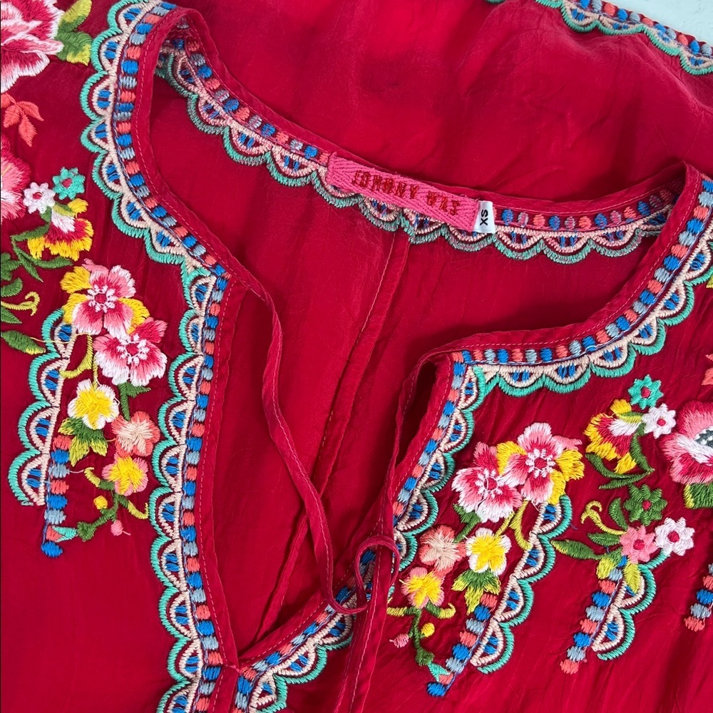 Johnny Was Sz XS Floral Embroidered Top Babydoll Top Red Boho - Picture 3 of 9
